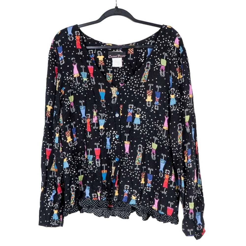Cactus Flower VTG Fashion Blouse XL Womens Button Up Black Models Rayon USA